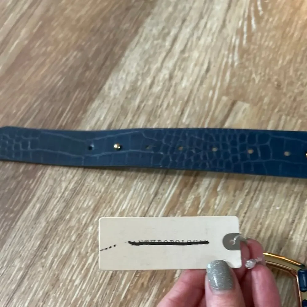 Anthropologie Navy Croc Embossed Adjustable Hip Ring Belt Gold Buckle NWT XS/S
